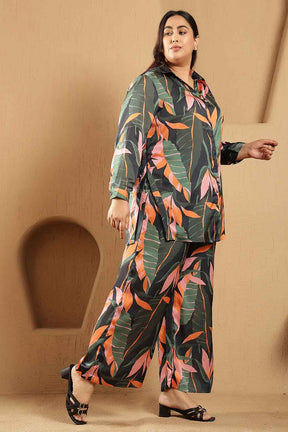Plus Size Black Tropical Leaf Print Satin Shirt Coord Set