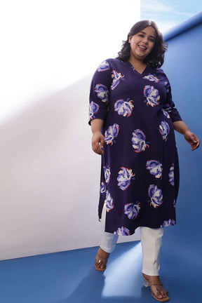 Plus Size Dark Blue Floral Print  V Neck Kurta