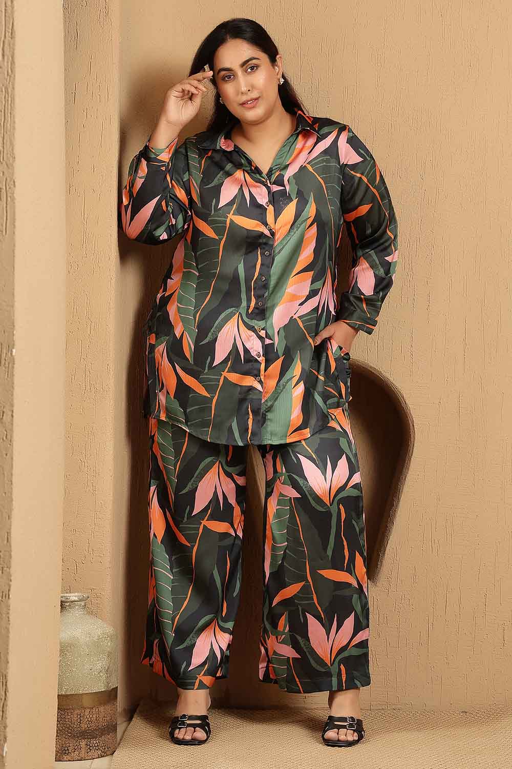 Plus Size Black Tropical Leaf Print Satin Shirt Coord Set