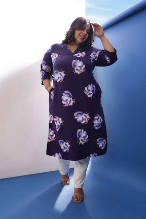 Plus Size Dark Blue Floral Print  V Neck Kurta