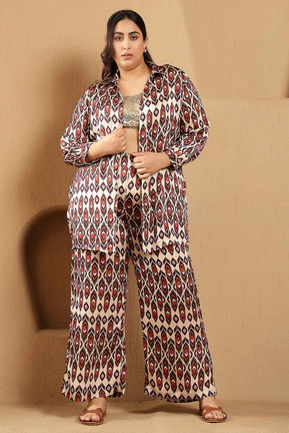Plus Size Beige Ikat Print Shirt Satin Coord Set for Women