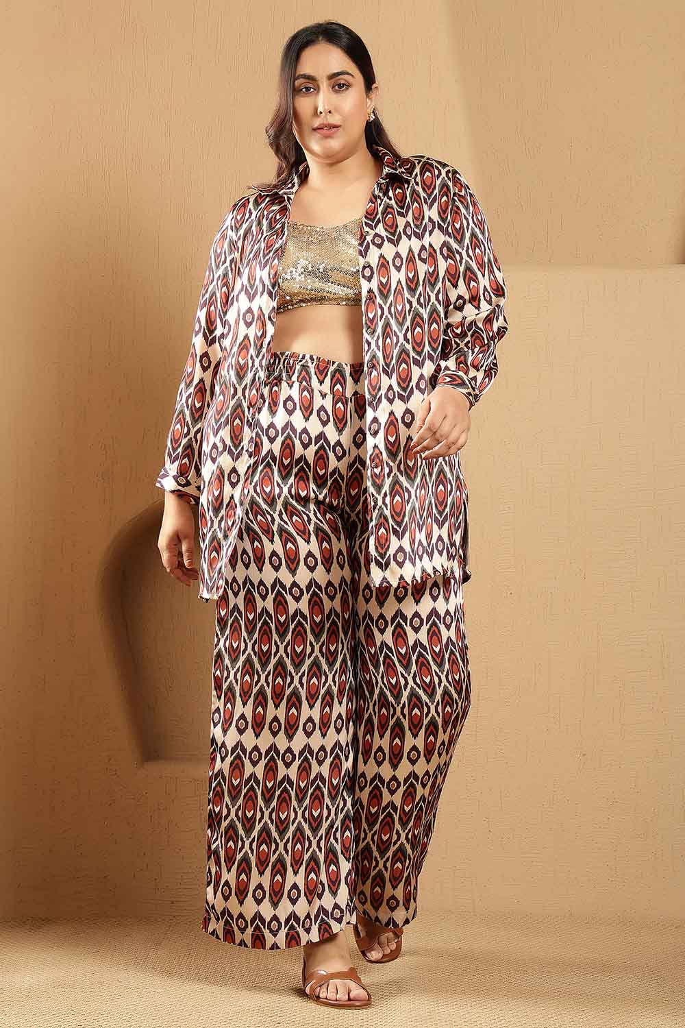 Plus Size Beige Ikat Print Shirt Satin Coord Set