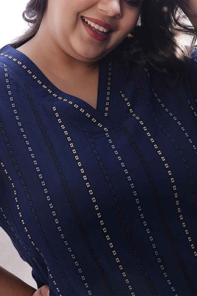 Plus Size Blue Weave Work V Neck Cotton Kurta