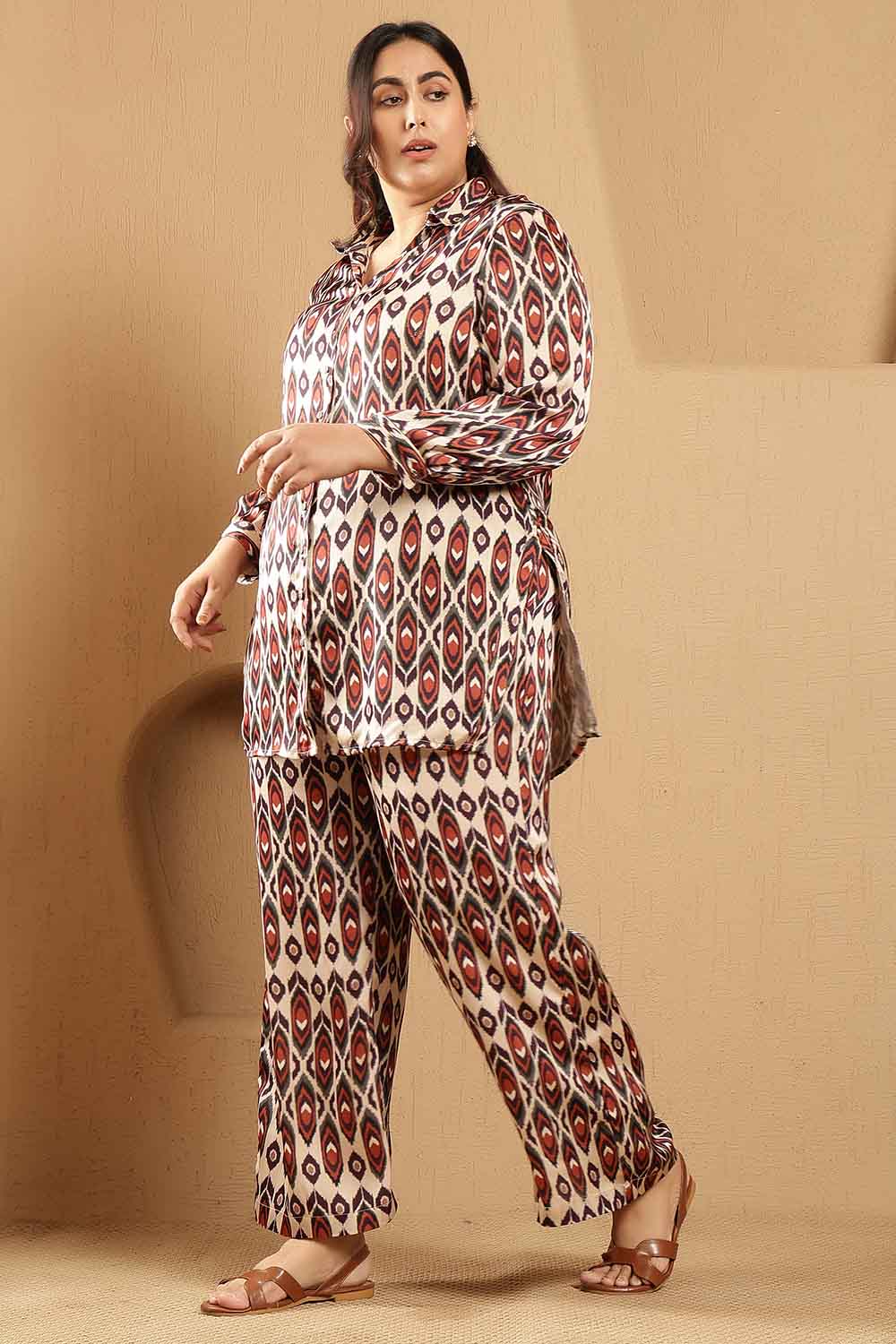Plus Size Plus Size Beige Ikat Print Shirt Satin Coord Set
