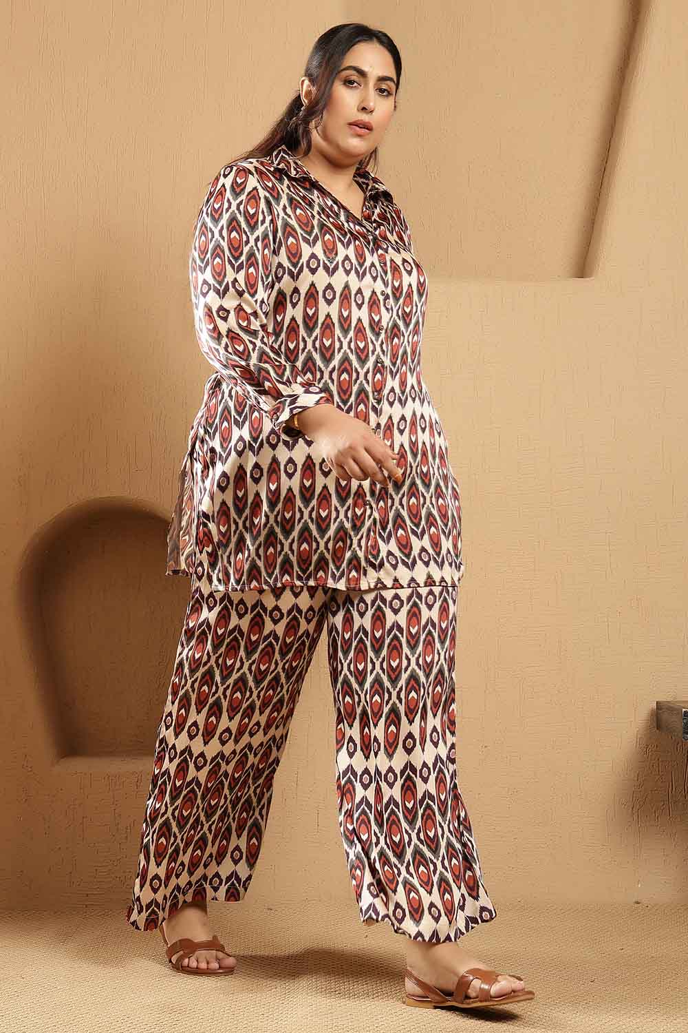 Comfortable Plus Size Beige Ikat Print Shirt Satin Coord Set