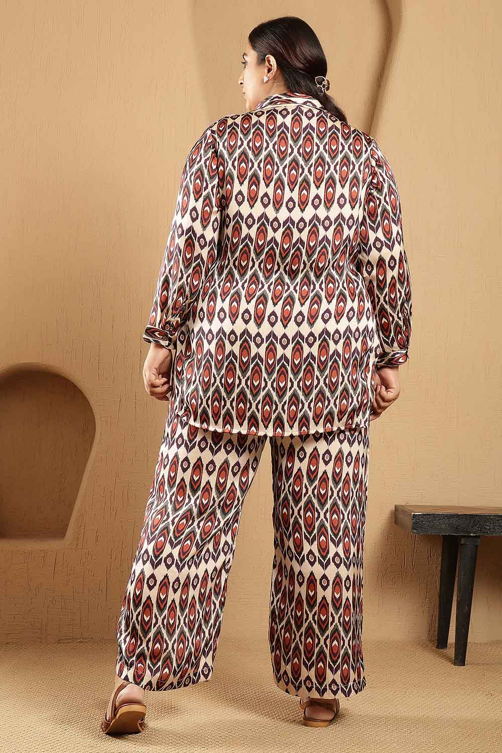 Plus Size Beige Ikat Print Shirt Satin Coord Set