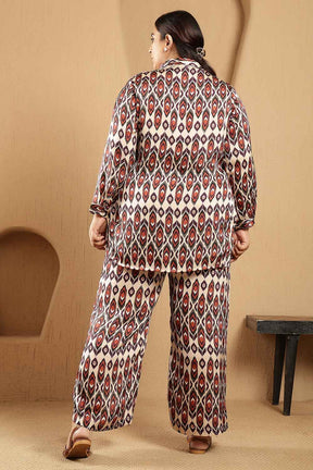 Plus Size Beige Ikat Print Shirt Satin Coord Set