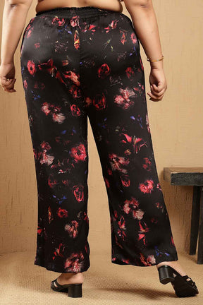 Plus Size Black Floral Print Kurta Satin Coord Set