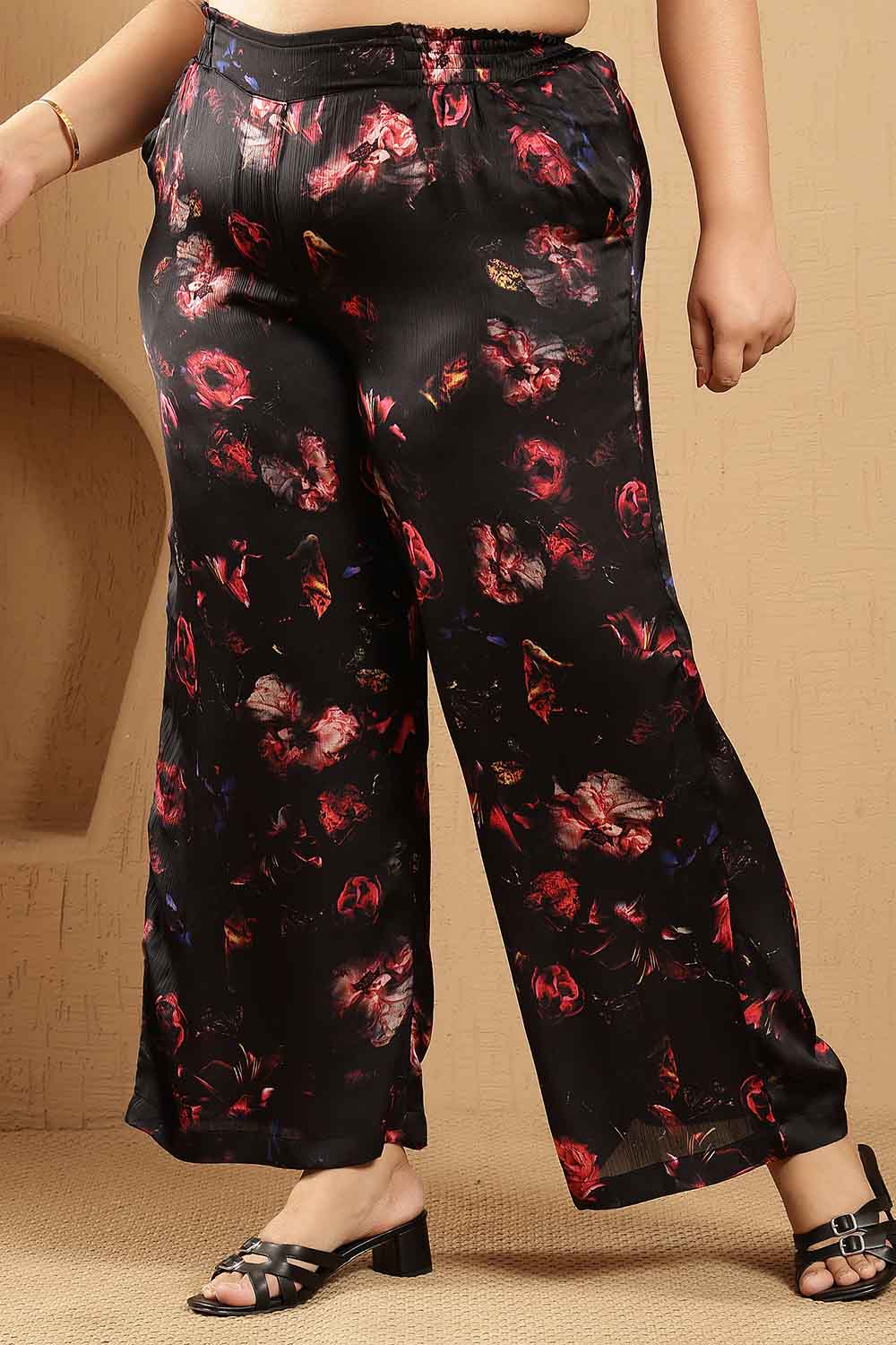 Plus Size Black Floral Print Kurta Satin Coord Set