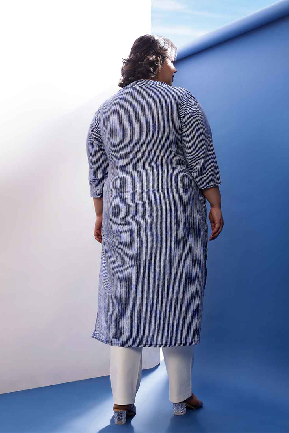 Plus Size Indigo Striped V Neck Cotton Kurta