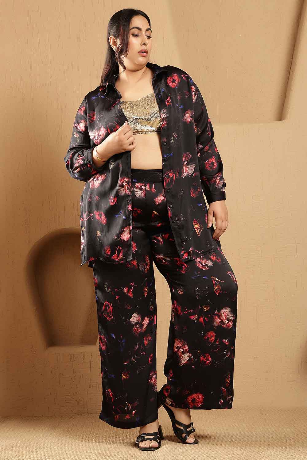 Plus Size Black Floral Print Shirt Satin Coord Set