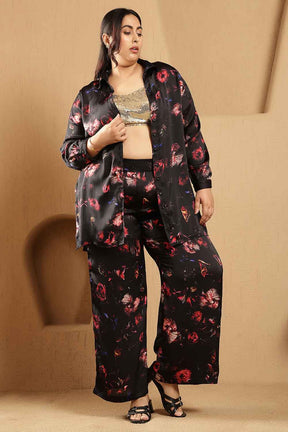 Plus Size Black Floral Print Shirt Satin Coord Set
