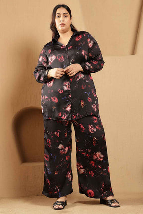 Plus Size Black Floral Print Shirt Satin Coord Set
