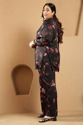 Plus Size Black Floral Print Shirt Satin Coord Set