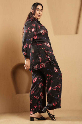 Plus Size Black Floral Print Shirt Satin Coord Set