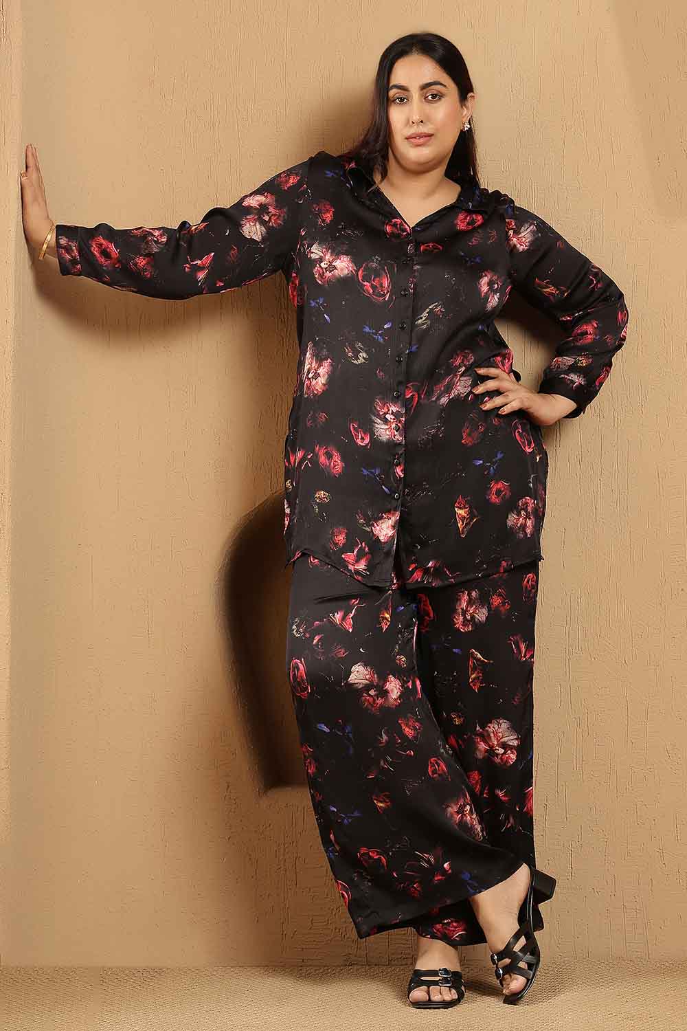 Plus Size Black Floral Print Shirt Satin Coord Set