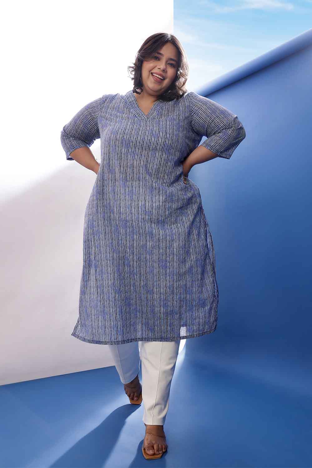 Plus Size Plus Size Indigo Striped V Neck Cotton Kurta