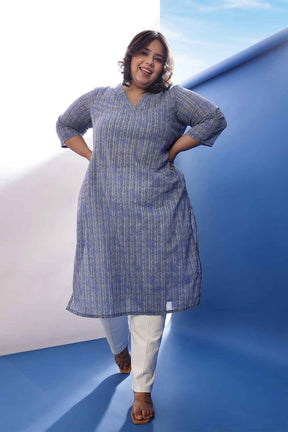 Plus Size Indigo Striped V Neck Cotton Kurta
