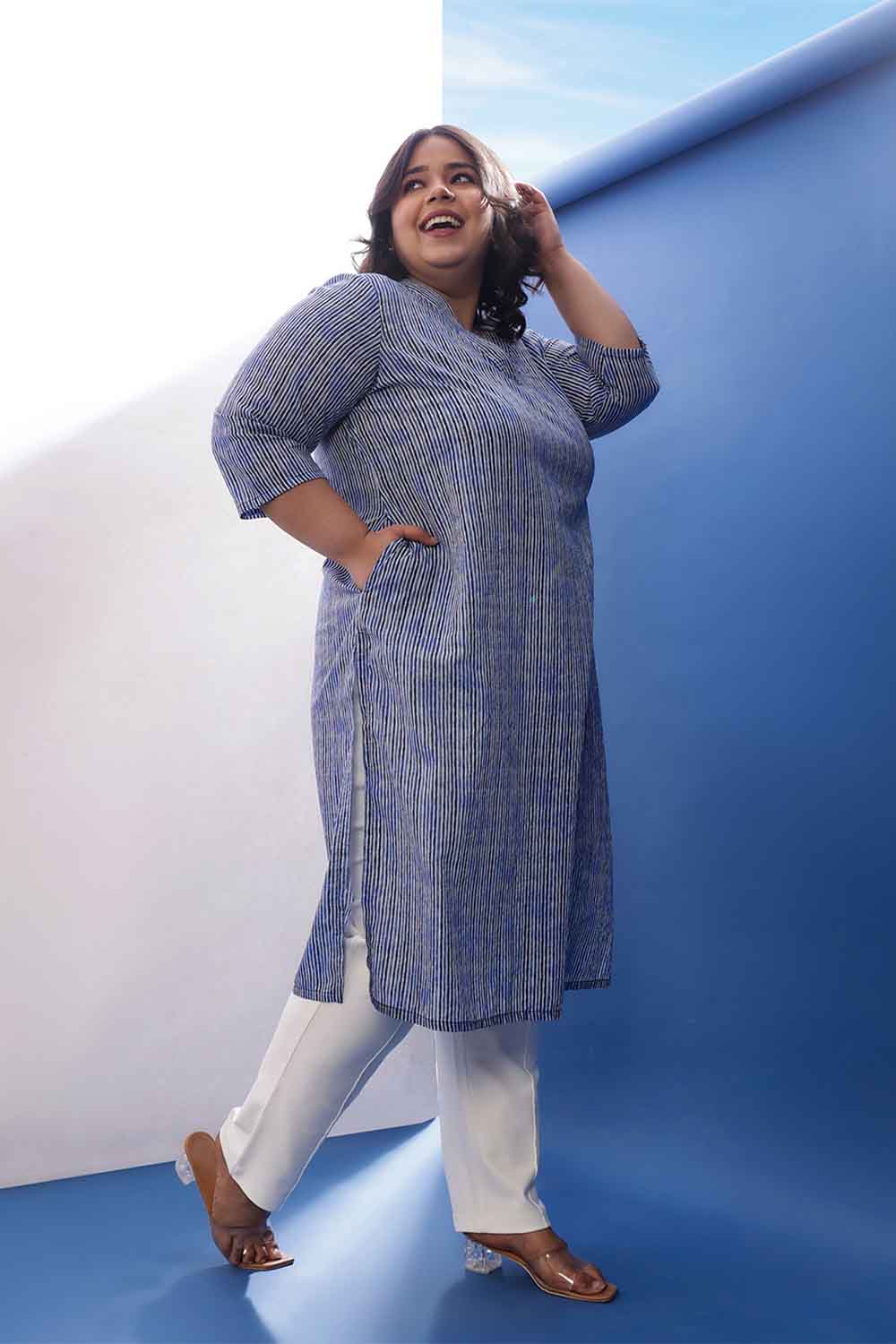 Plus Size Indigo Striped V Neck Cotton Kurta for Women