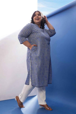 Plus Size Indigo Striped V Neck Cotton Kurta