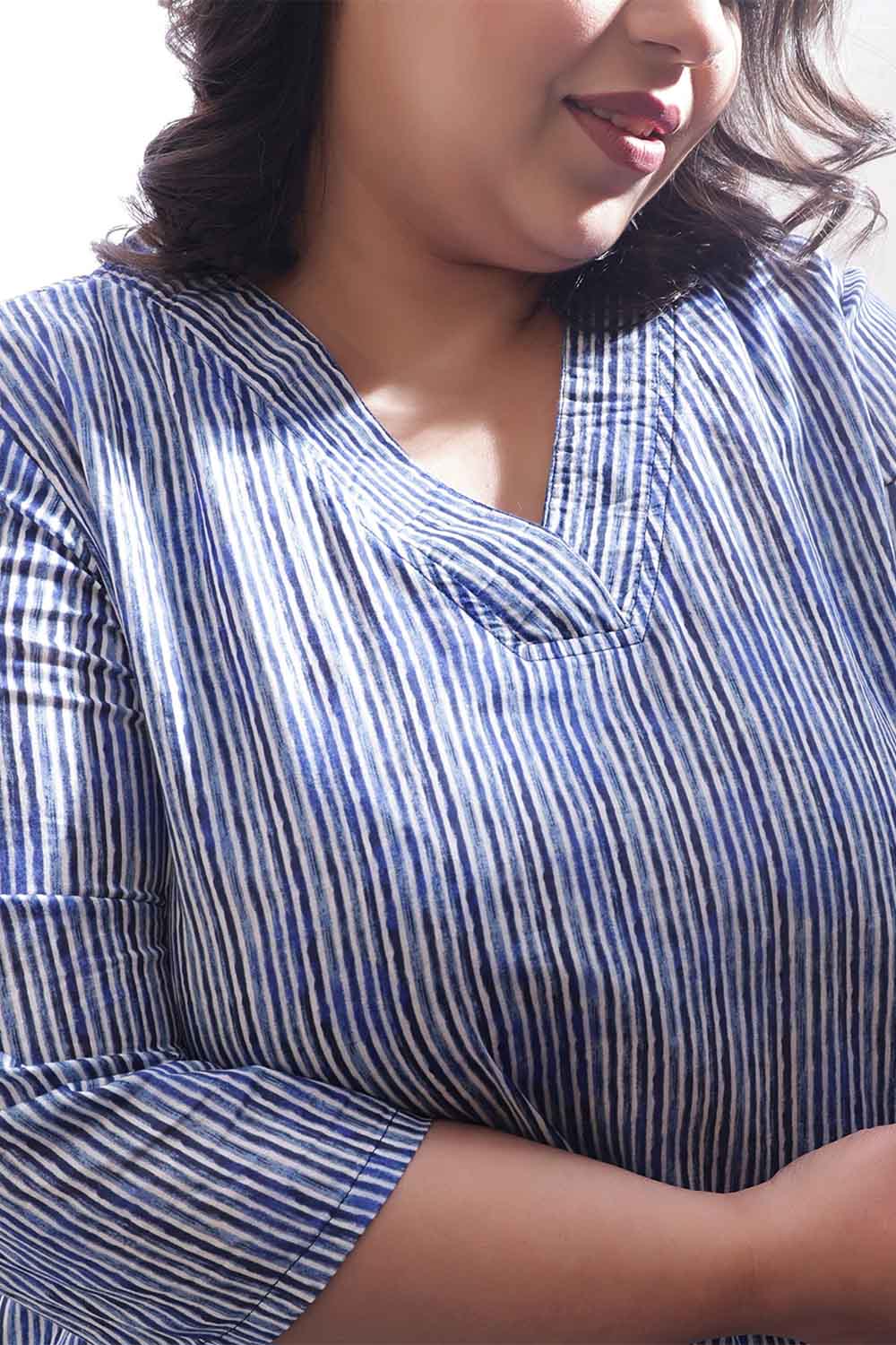 Comfortable Plus Size Indigo Striped V Neck Cotton Kurta