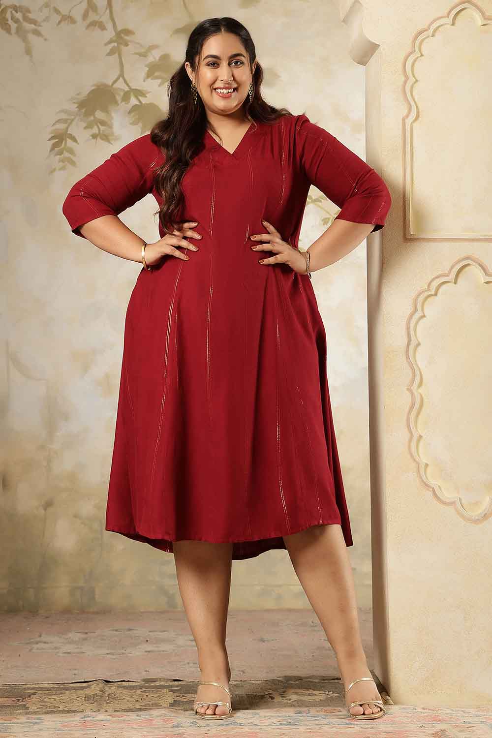 Plus Size Maroon Golden Pin Striped Midi Dress