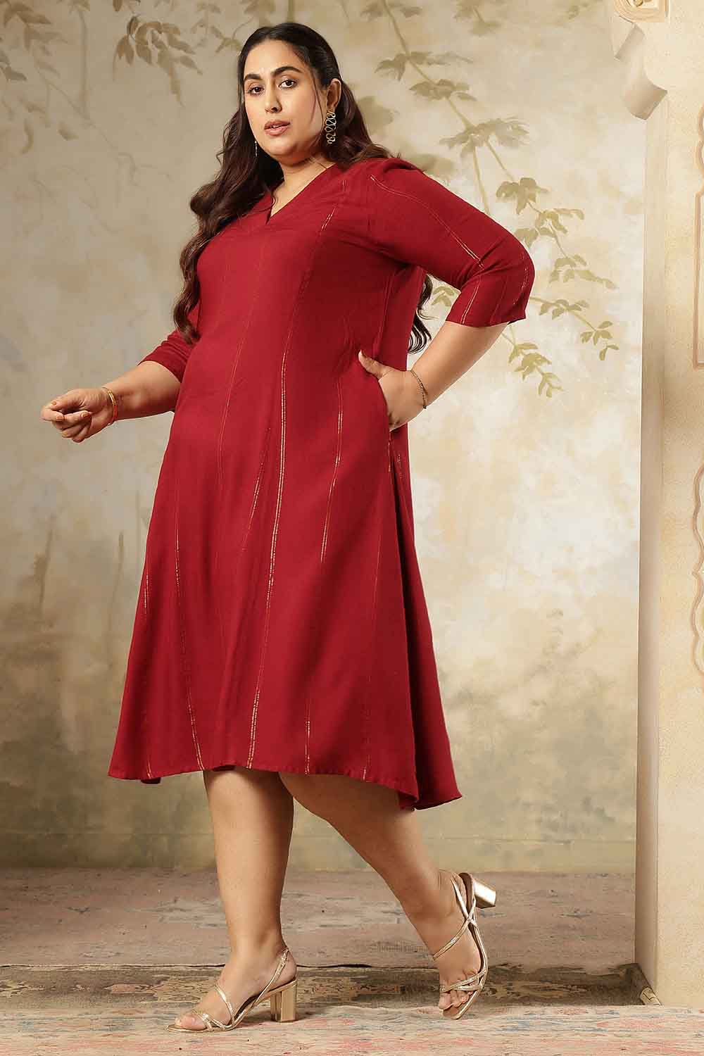 Plus Size Maroon Golden Pin Striped Midi Dress for Women