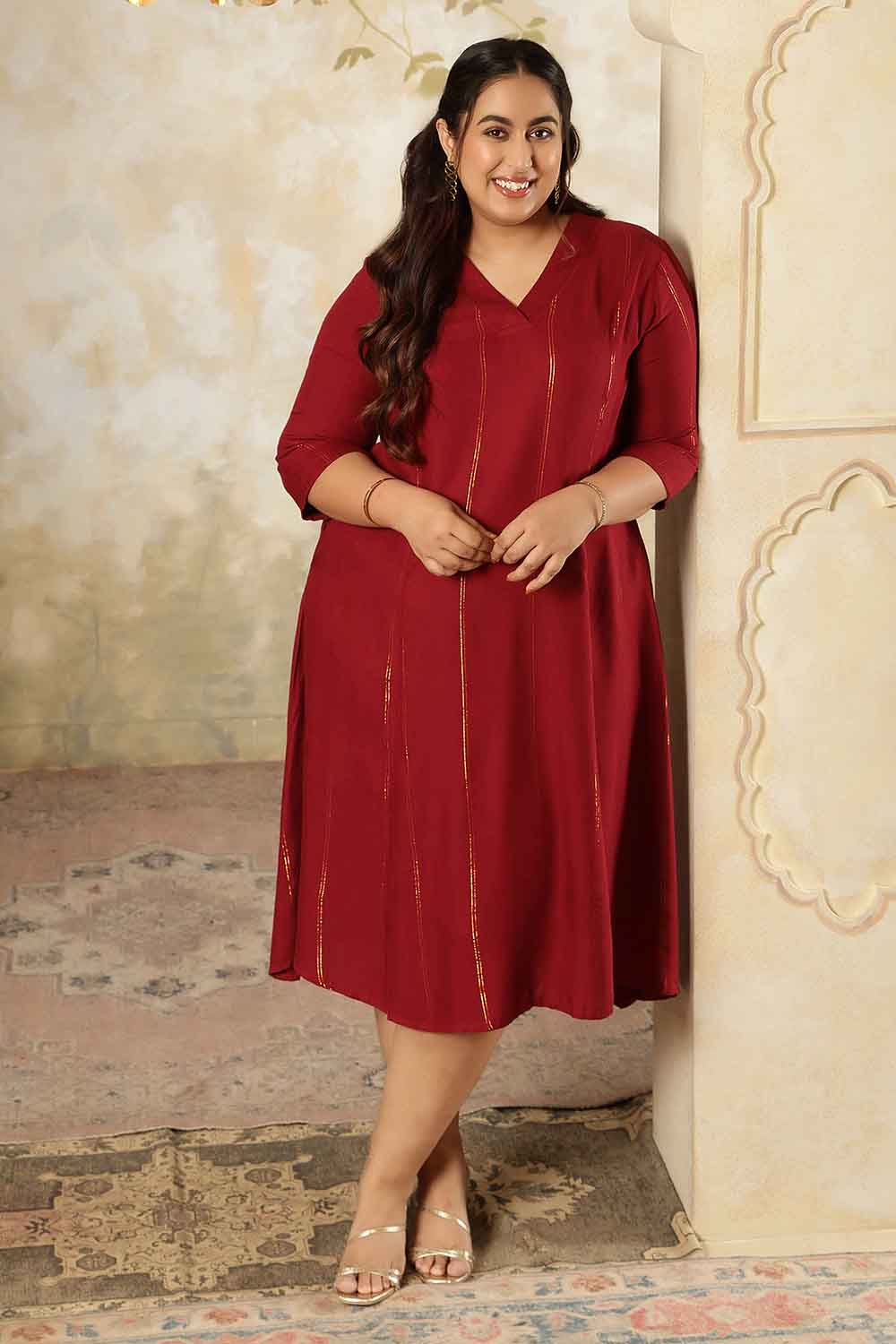 Plus Size Maroon Golden Pin Striped Midi Dress
