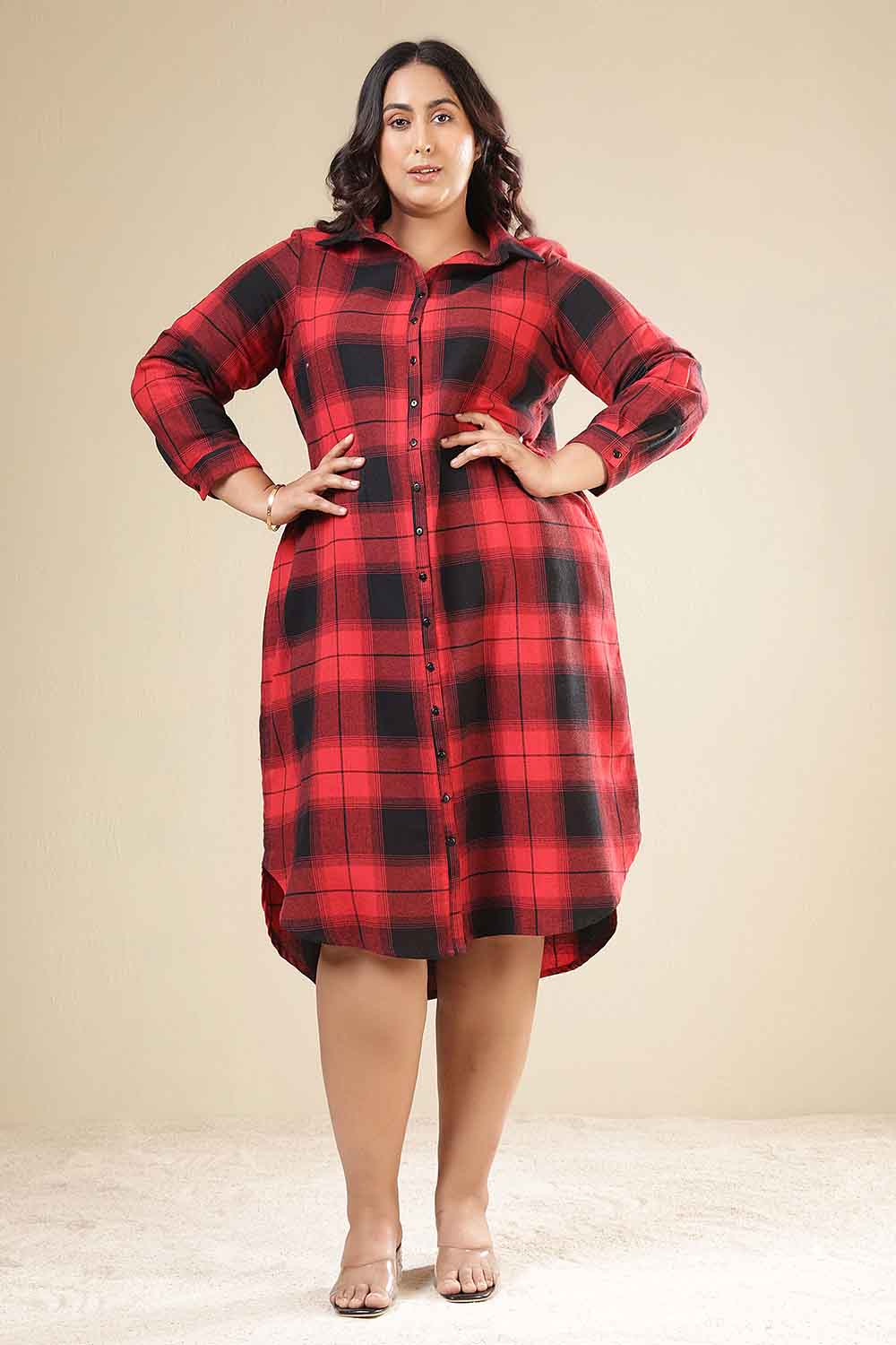 Plus Size Red & Black Check Cotton Flannel Shirt Dress