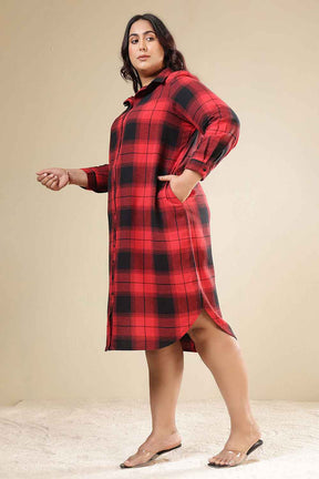 Plus Size Red & Black Check Cotton Flannel Shirt Dress