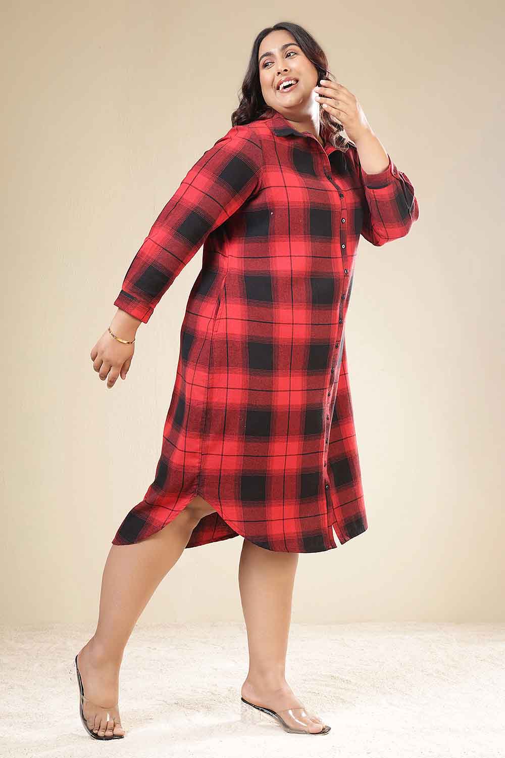 Comfortable Plus Size Red & Black Check Cotton Flannel Shirt Dress