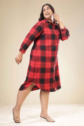 Plus Size Red & Black Check Cotton Flannel Shirt Dress