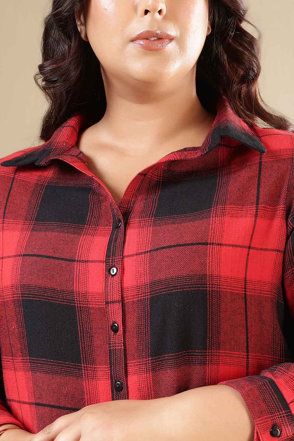 Plus Size Red & Black Check Cotton Flannel Shirt Dress