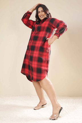 Plus Size Red & Black Check Cotton Flannel Shirt Dress