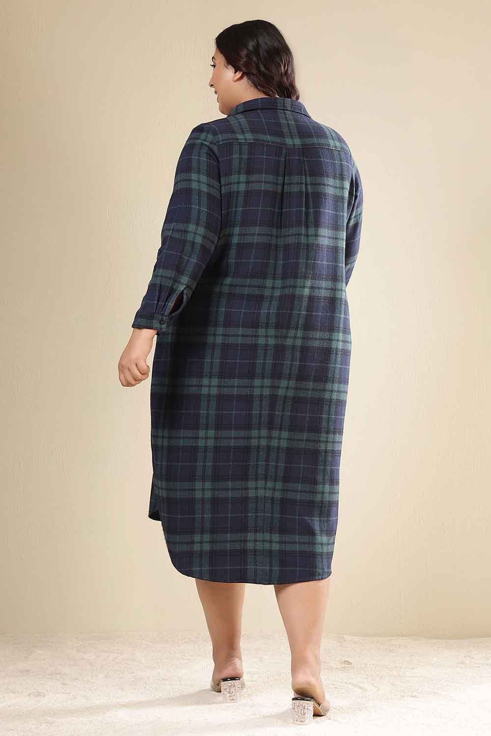 Plus Size Navy & Green Check Cotton Flannel Shirt Dress