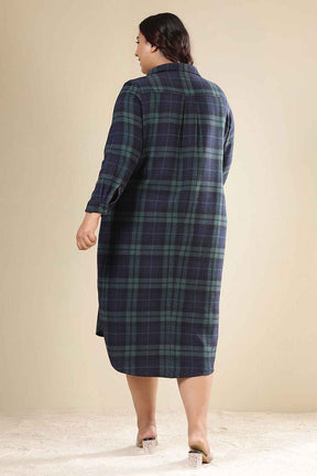 Plus Size Navy & Green Check Cotton Flannel Shirt Dress