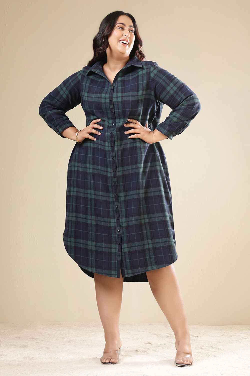 Plus Size Plus Size Navy & Green Check Cotton Flannel Shirt Dress