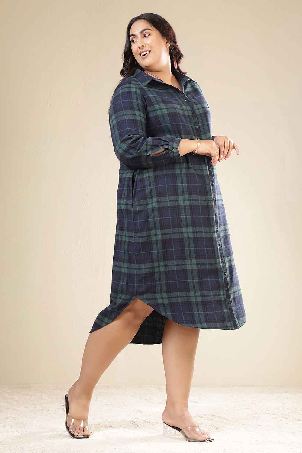 Comfortable Plus Size Navy & Green Check Cotton Flannel Shirt Dress