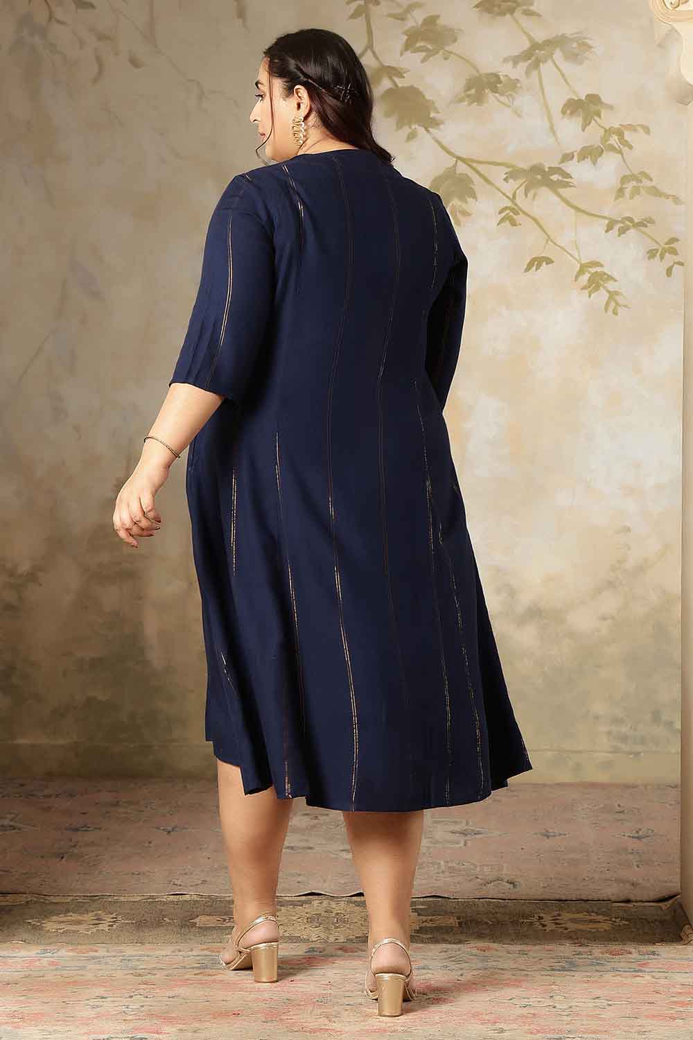 Plus Size Navy Blue Golden Pin Striped Midi Dress