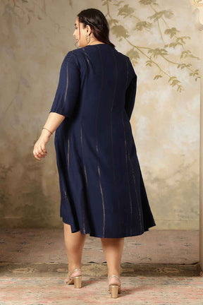 Plus Size Navy Blue Golden Pin Striped Midi Dress