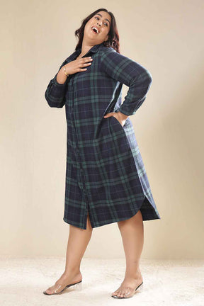 Plus Size Navy & Green Check Cotton Flannel Shirt Dress