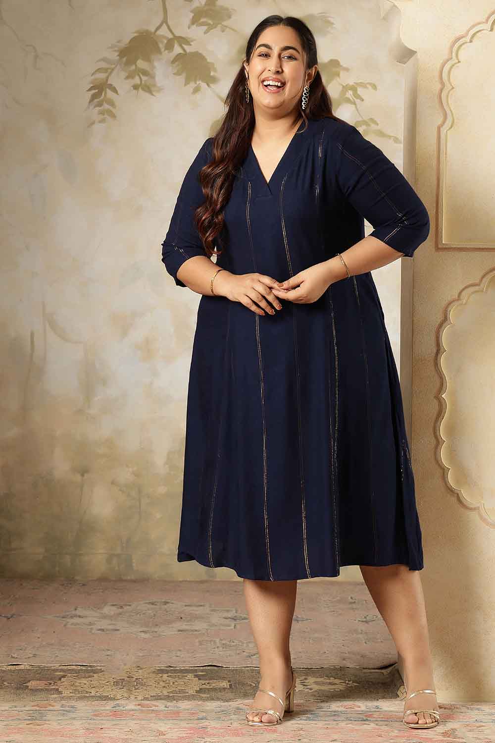 Plus Size Navy Blue Golden Pin Striped Midi Dress for Women