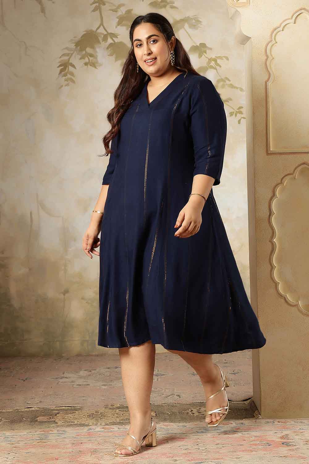 Plus Size Plus Size Navy Blue Golden Pin Striped Midi Dress