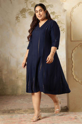 Plus Size Navy Blue Golden Pin Striped Midi Dress