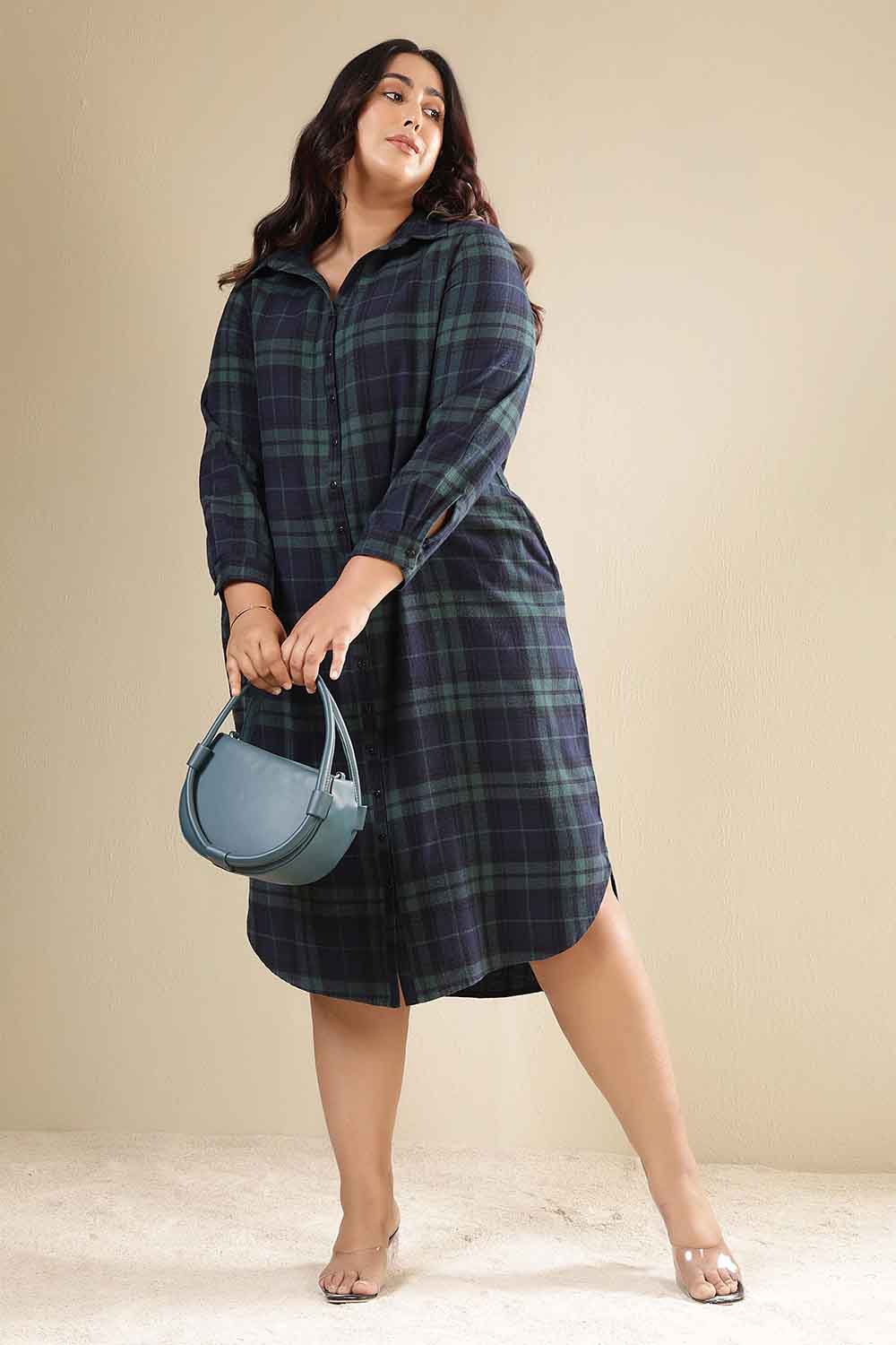 Plus Size Navy & Green Check Cotton Flannel Shirt Dress