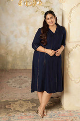 Plus Size Navy Blue Golden Pin Striped Midi Dress