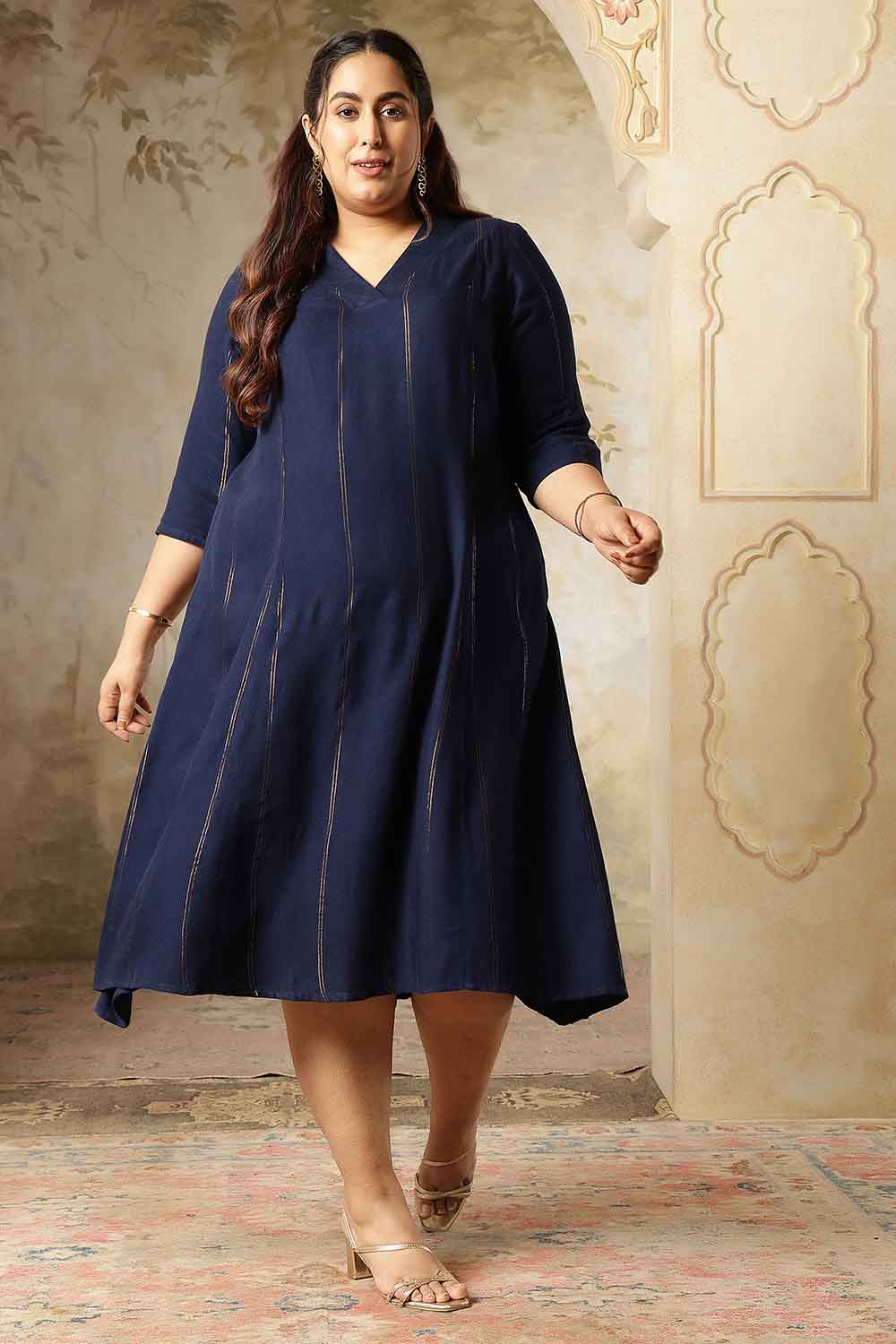 Plus Size Navy Blue Golden Pin Striped Midi Dress