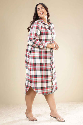 Plus Size Red & White Checkered Cotton Flannel Shirt Dress