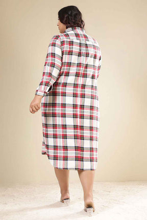 Plus Size Red & White Checkered Cotton Flannel Shirt Dress