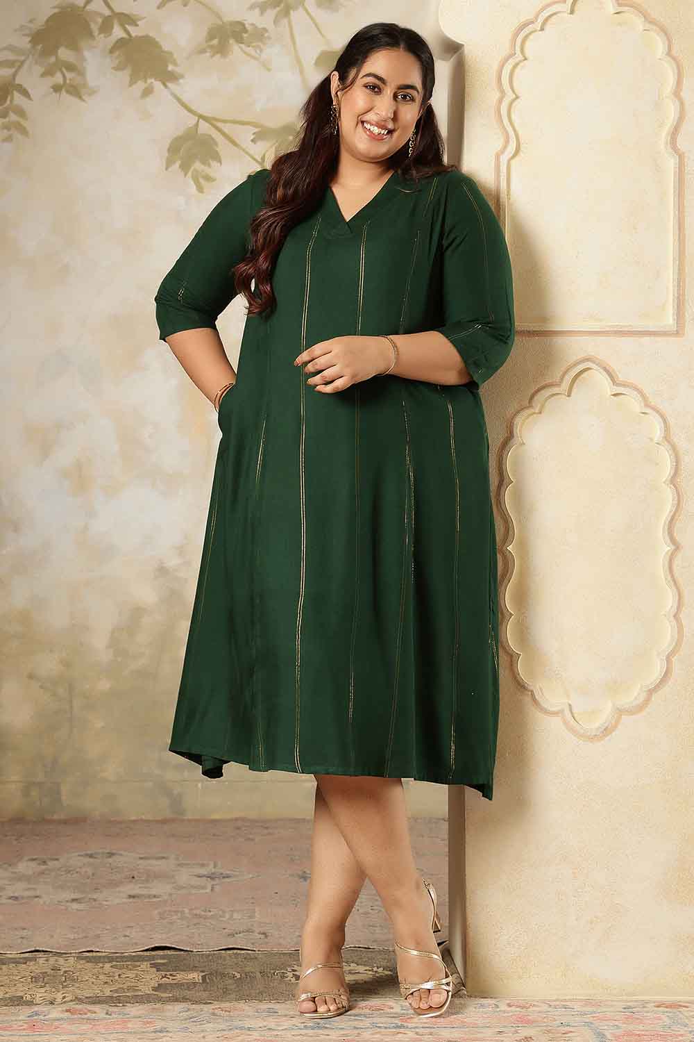 Plus Size Emerald  Green Golden Pin Stripe Midi Dress for Women